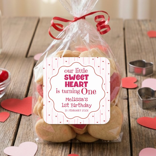 Cute Pink and Red Little SweetHeart Turning One Square Sticker (Creator Uploaded)