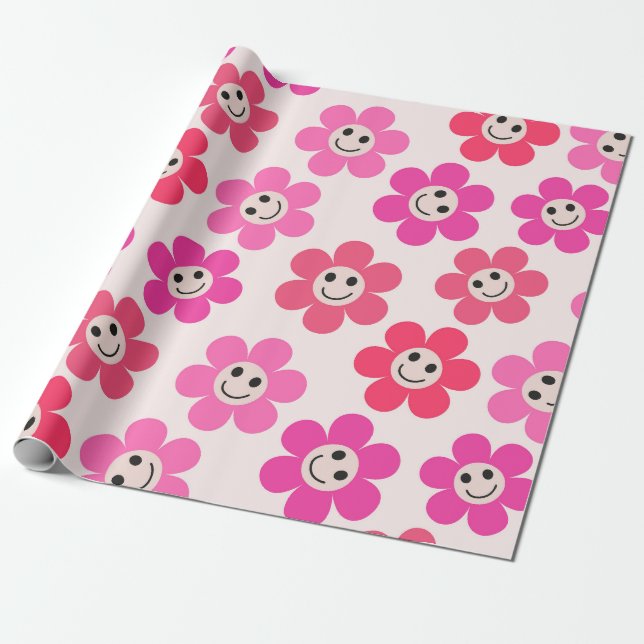 Cute Pink and red Smiling Flowers Pattern  Wrapping Paper (Unrolled)