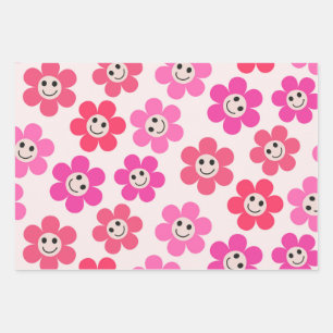 Cute Pink and red Smiling Flowers Pattern Wrapping Paper Sheets