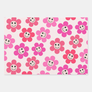 Cute Pink and red Smiling Flowers Pattern Wrapping Paper Sheets