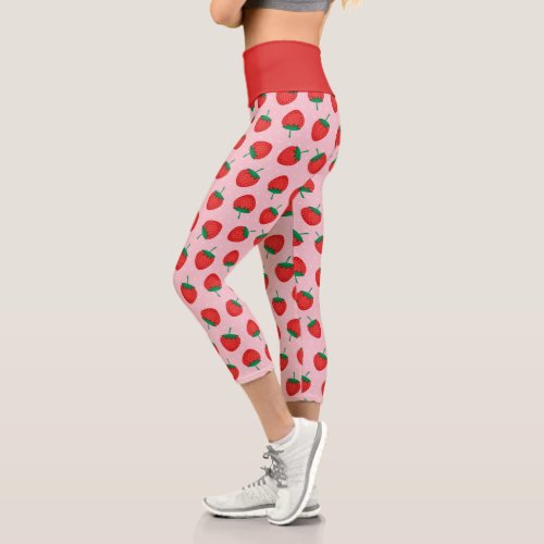 Cute Pink And Red Summer Strawberry Capri Leggings