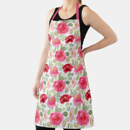 Cute Pink And Red Watercolor Roses Floral Apron