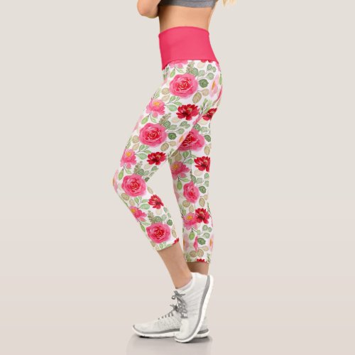 Cute Pink And Red Watercolor Roses Floral Capri Leggings