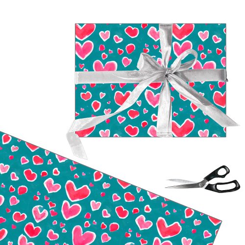 Cute pink and red watercolour hearts pattern wrapping paper
