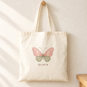 Cute Pink and Sage Butterfly Tote Bag for Girls