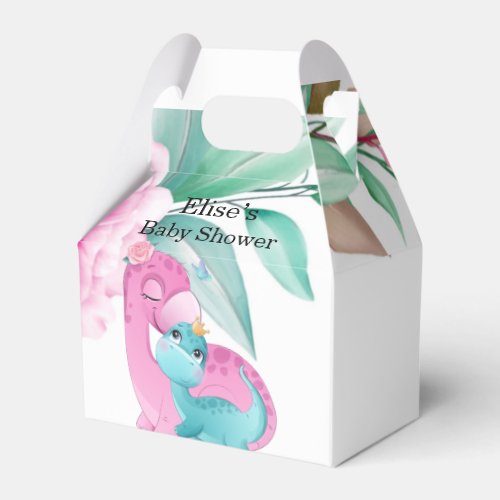 Cute Pink and Teal Dinosaur Peony Baby Shower Favor Boxes