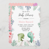 Cute Pink and Teal Dinosaurs Girl Baby Shower Invitation