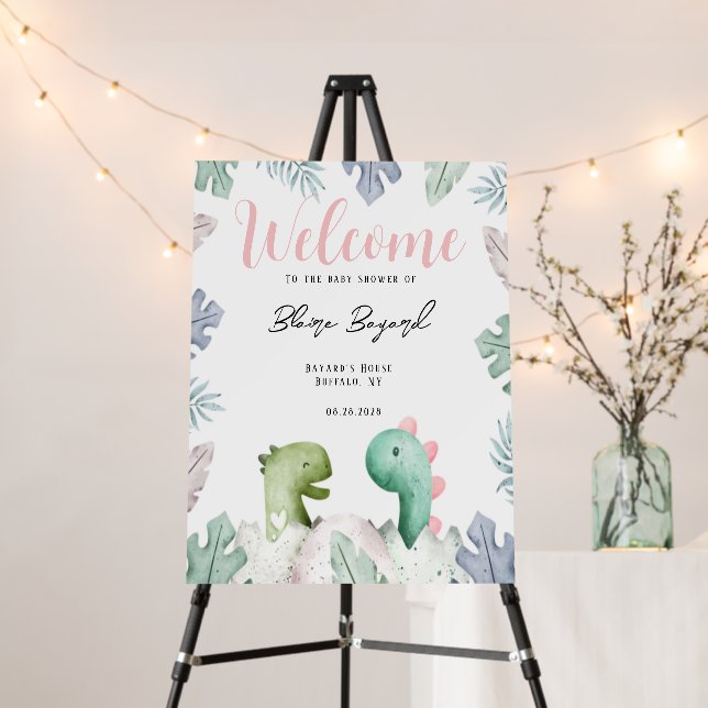 Cute Pink and Teal Dinosaurs Welcome Sign (In Situ (Stand))
