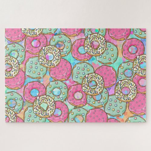 Cute Pink and Teal Donuts Art Jigsaw Puzzle