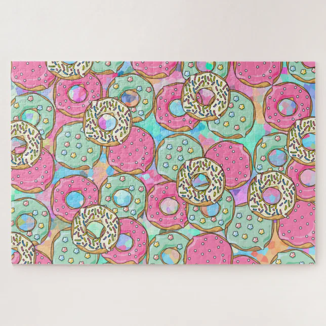 Cute Pink and Teal Donuts Art Jigsaw Puzzle | Zazzle