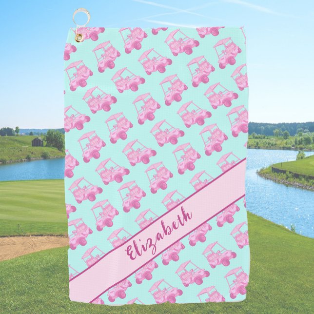 Cute pink and teal golf cart personalized name towel (Creator Uploaded)
