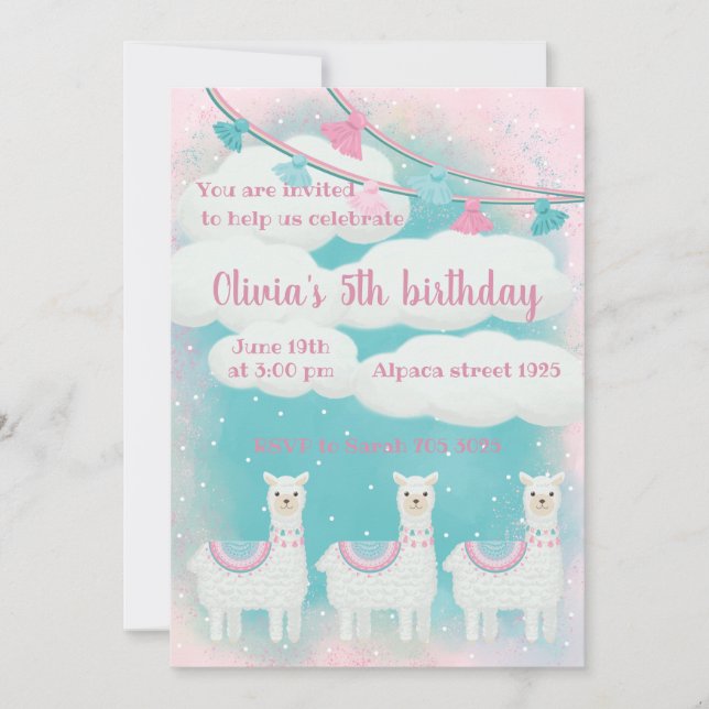   Cute Pink and Turquoise Llama  (Front)