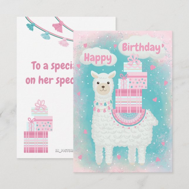Cute pink and turquoise llama with gifts (Front/Back)