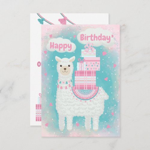 Cute pink and turquoise llama with gifts