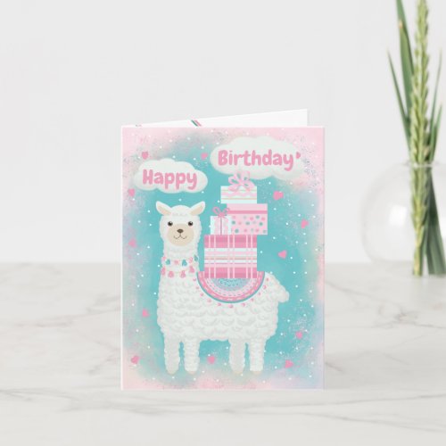 Cute pink and turquoise llama with gifts note card