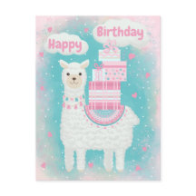 Cute pink and turquoise llama with gifts