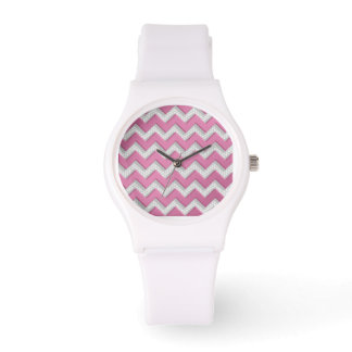 Cute Pink and White Brushed Metal Chevron Pattern Watch