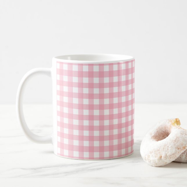 Cute Pink and White Check Ceramic Mug (With Donut)