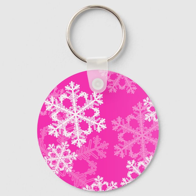 Cute pink and white Christmas snowflakes Keychain (Front)