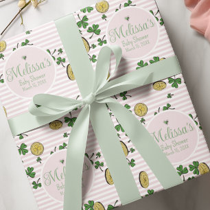 Cute Pink and White Clovers Irish Baby Shower Wrapping Paper Sheets
