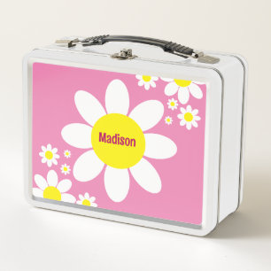 Cute Pink and White Daisies Floral Custom Name Metal Lunch Box