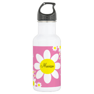 Cute Pink and White Daisies Floral Custom Name Stainless Steel Water Bottle