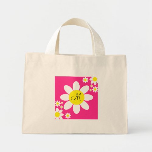 Cute Pink and White Daisies Floral Single Initial Mini Tote Bag