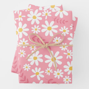 Cute Pink and White Daisy Floral Seamless Pattern Wrapping Paper Sheets