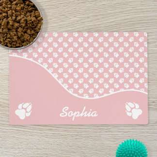 Cute Pink And White Dog Paws Pattern & Name Placemat