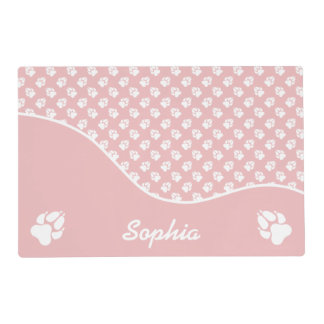 Cute Pink And White Dog Paws Pattern & Name Placemat