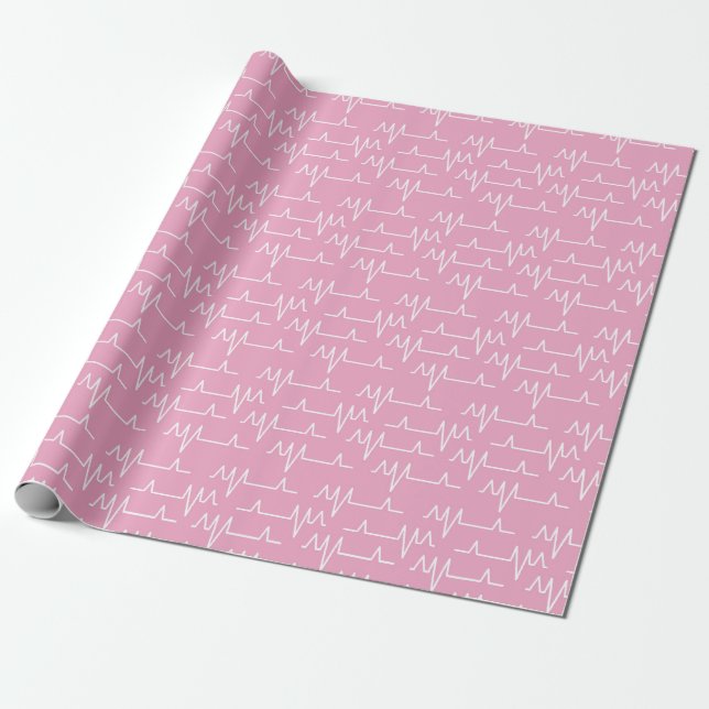 Cute Pink And White EKG Cardiogram Heartbeat Wrapping Paper (Unrolled)
