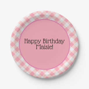 Cute Pink and White Gingham Birthday Party Paper Plates