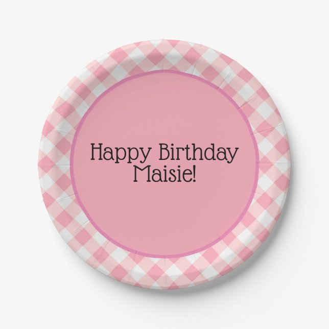 Cute Pink and White Gingham Birthday Party Paper Plates (Front)