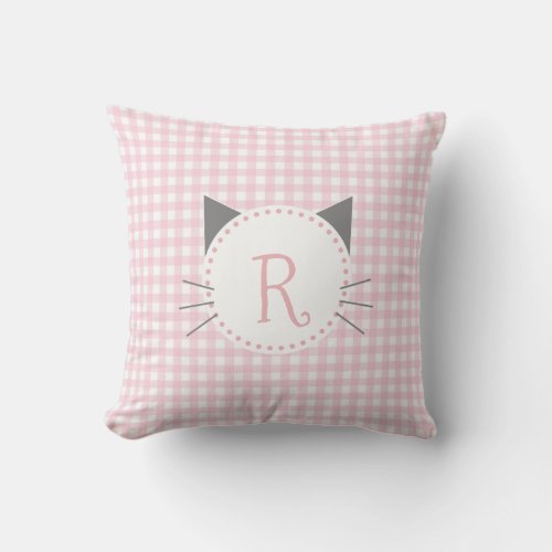 Cute Pink and White Gingham Check  Cat Monogram Throw Pillow