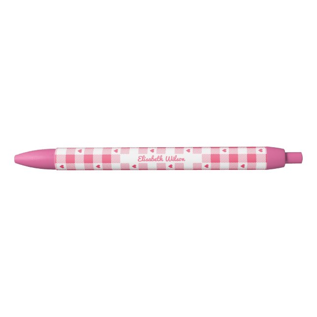 Cute Pink and White Gingham Checkered with Hearts  Pen (Front)