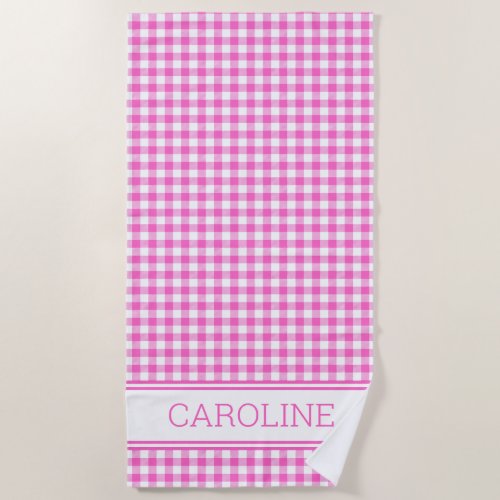 Cute Pink and White Gingham Plaid Check Beach Towel