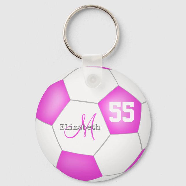 cute pink and white girls' soccer keychain (Front)