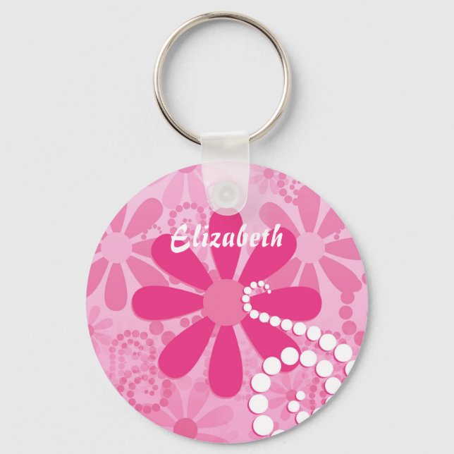 Cute Pink and White Girly Flowers Daisy Pattern Keychain (Front)
