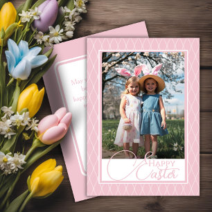 Cute Pink And White Happy Easter Custom Photo Holiday Card
