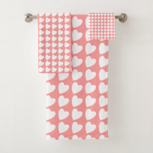Cute Pink and White Heart Pattern Girly Bath Towel Set