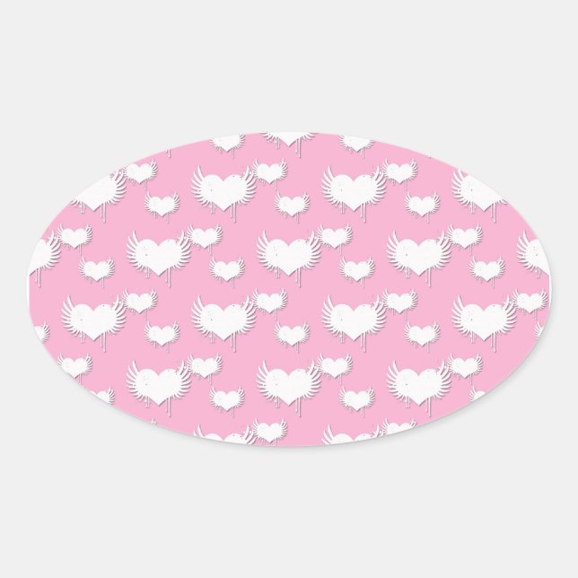 Cute Pink and White Hearts with Wings Oval Sticker (Front)