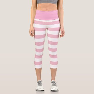 Cute Pink and White Horizontal Stripes Pattern Capri Leggings