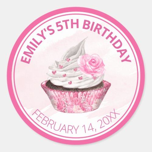 Cute Pink and White Icing Birthday Cupcake Classic Round Sticker