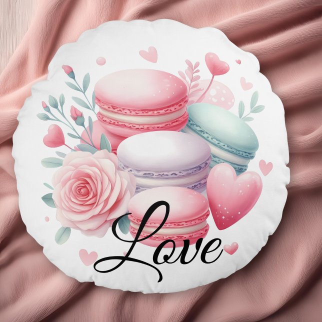 Cute Pink and White Love Macaron & Hearts  Round Pillow (Cute Pink Macarons and Hearts Love Round Throw Pillow)