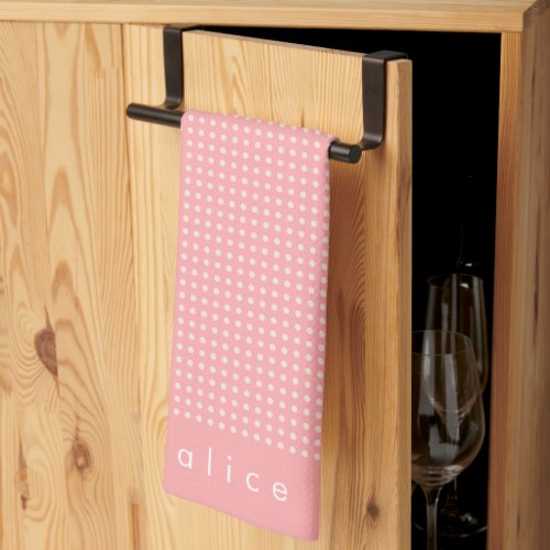 Cute Pink and White Polka Dots Cottagecore Name Kitchen Towel