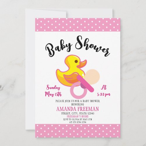Cute Pink and White Rubber Duck Baby Shower Invitation