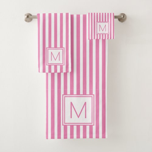Cute Pink and White Stripe Monogram Bath Towel Set