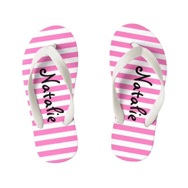 Cute Pink and White Stripe Personalized Kid's Flip Flops (Footbed)