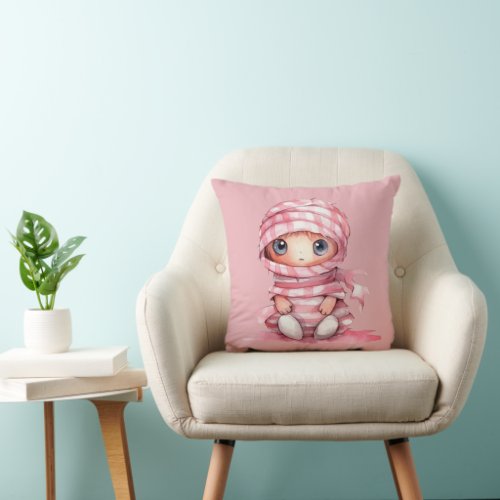 Cute Pink and White Striped Mummy Pink Halloween Throw Pillow
