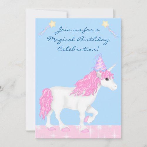Cute Pink and White Unicorn Girls Magical Birthday Invitation